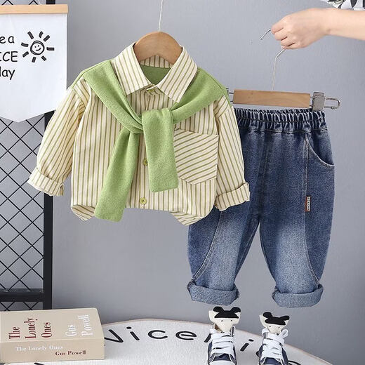 G.duck little yellow duck boys spring suit 2026 new style baby spring and autumn shirt two-piece children's clothing trendy HB scarf striped shirt 2-piece set brown 90 cm recommended height around 82