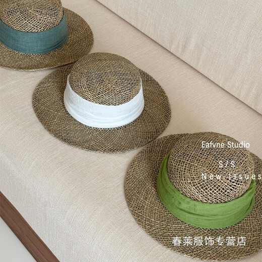 TWJU Yunnan holiday style salt grass seaside holiday woven straw hat women's flat top hat seaside holiday sun protection sunshade too white