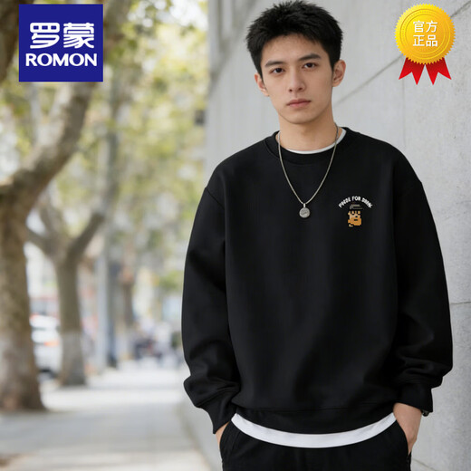 Romon sweatshirt men's 2026 spring style American heavyweight loose round neck pullover trendy versatile long-sleeved retro jacket black S 95-120