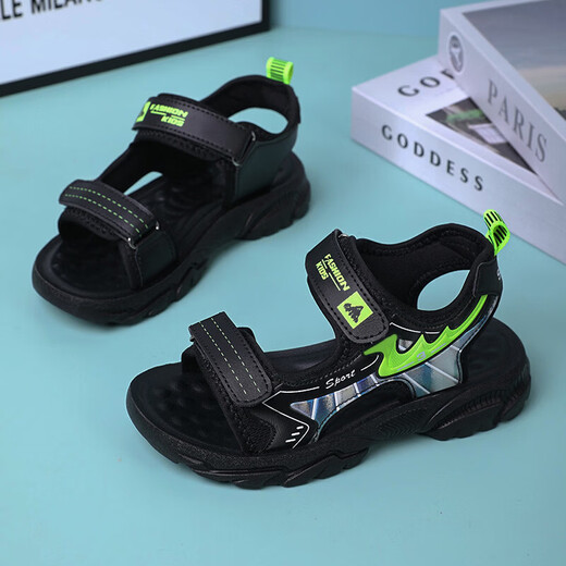 Boys' Shoes Sandals Summer New 2026 Children's Sandals Soft Sole Beach Shoes Boys Summer Massage Anti-Slip Sole Black Green Soft Sole Open Toe Sandals 40 Inner Length 25.0 cm