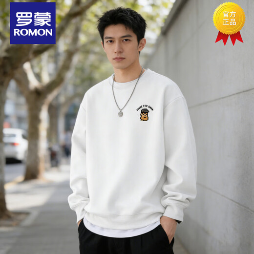 Romon sweatshirt men's 2026 spring style American heavyweight loose round neck pullover trendy versatile long-sleeved retro jacket black S 95-120