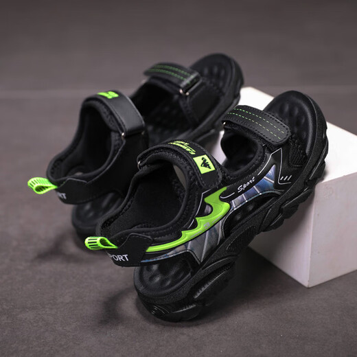 Boys' Shoes Sandals Summer New 2026 Children's Sandals Soft Sole Beach Shoes Boys Summer Massage Anti-Slip Sole Black Green Soft Sole Open Toe Sandals 40 Inner Length 25.0 cm