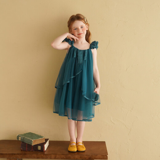 Yantaijia Girls Dress Summer New 2026 Girls Flying Sleeves Mesh Skirt Lace Lace Puffy Princess Skirt Blue 90