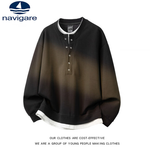 Navigare small sailboat fake two-piece long-sleeved sweatshirt for men, trendy brand-style American casual large size men's T-shirt bottoming top, black, high quality version, the real thing is solid color M