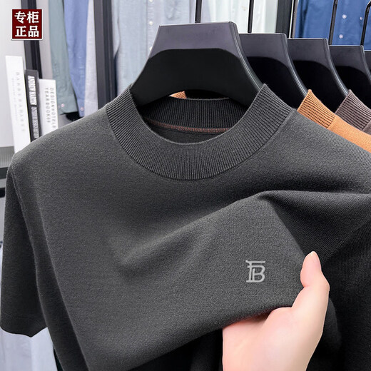 B PRORSUM Burberry spring and autumn new men's woolen sweater short-sleeved T-shirt sweater knitted half-sleeved round neck base black M 165 recommended weight 100-120Jin Jin equals 0.5 kg