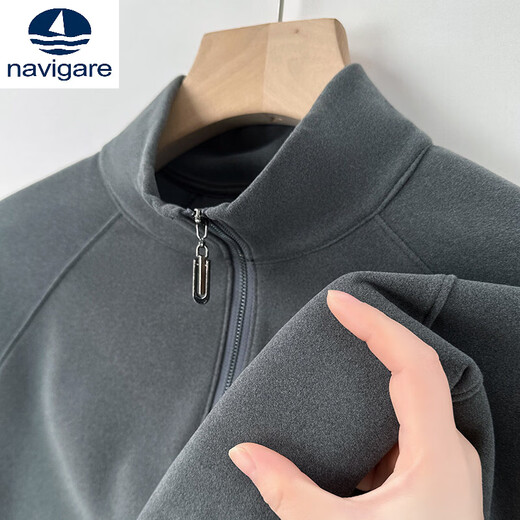Navigare double-sided velvet sweatshirt for men, spring and autumn half-height zipper bottoming top, casual stand-up collar, warm long-sleeved T-shirt for men, gray 205 M 100-120Jin Jin is equal to 0.5 kg