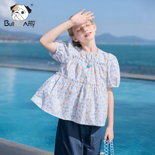 CHANZUIGOU children's clothing girls pastoral floral doll shirt 2026 summer new style pure cotton vitality sweet shirt blue 120 cm