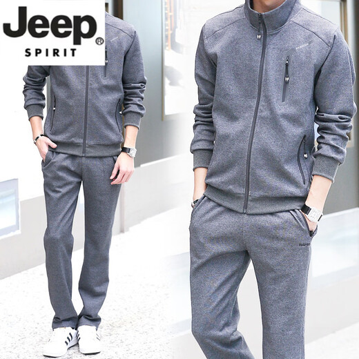 JEEP SPIRIT men's spring, autumn and winter handsome sweatshirt casual suit young and middle-aged dad cotton trendy sportswear three-piece set medium gray jacket + pants M