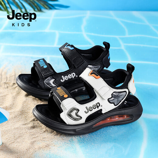 JEEP Sandals 2025 Summer New Sandals Comfortable and Lightweight Girls' Shoes Trendy Brand Versatile Velcro Boys Sandals 9005 White/Orange 26/Inner Length About 16.5cm