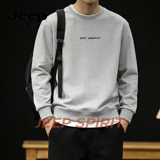 JEEP SPIRIT Heavyweight Round Neck Sweater Men's Loose Casual Bottoming Shirt Plus Velvet Thickened Top Jacket Light Gray S 95-120Jin Jin equals 0.5 kg