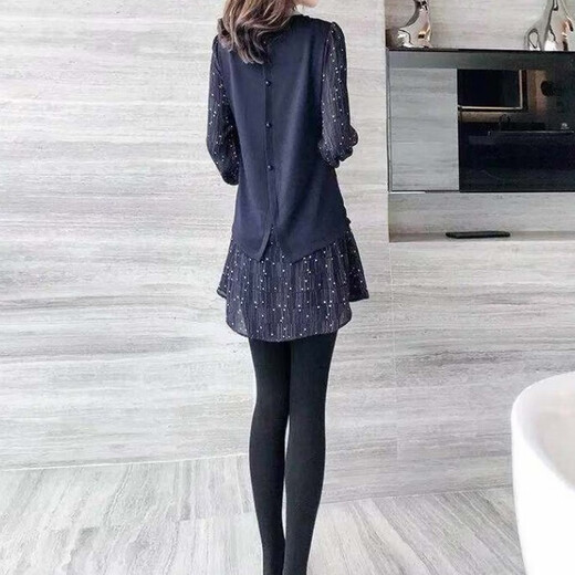 Shanidoluo Fat Damen-Kleidung schlankes Kleid neuer Frühlings- und Herbst-Chiffon-Hemd Langes Bauch Cover T-Shirt 15283 Dunkelblau 2xl empfohlen 120-140jin [Jin gleich 0,5 kg] zum Tragen