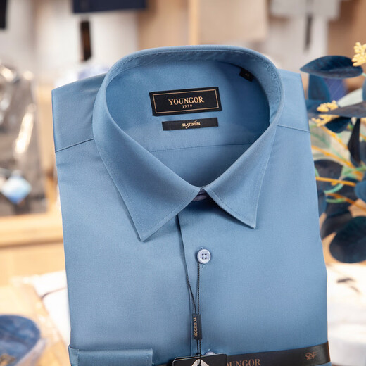 HARTMARX Youngor men's shirt long sleeve 200 no-iron pure cotton high-end autumn gray blue satin VLTP119697HJY 44/185 180-190Jin Jin equals 0.5 kg