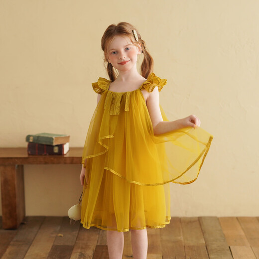 Yantaijia Girls Dress Summer New 2026 Girls Flying Sleeves Mesh Skirt Lace Lace Puffy Princess Skirt Blue 90