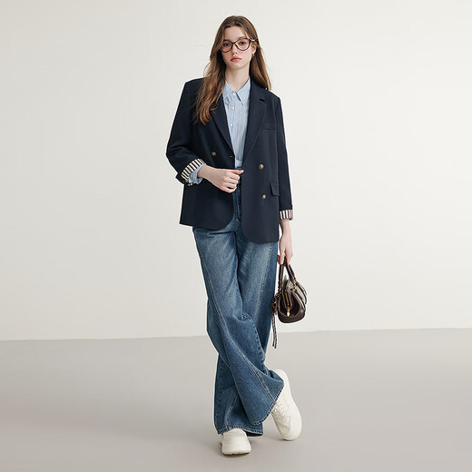 KBNE navy suit collar short coat for women petite long-sleeved top spring and autumn new temperament college style coat navy M