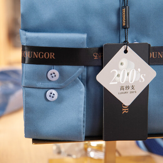 HARTMARX Youngor men's shirt long sleeve 200 no-iron pure cotton high-end autumn gray blue satin VLTP119697HJY 44/185 180-190Jin Jin equals 0.5 kg