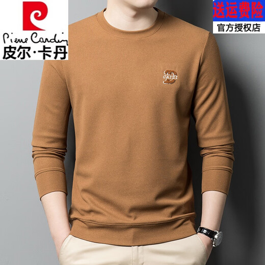 Pierre Cardin Langarmed T-Shirt Herren-Sweatshirt reine Baumwolle Runde Halsfeder und Herbst neu 2025 Waffel Trendy T-Shirt-Basis-Hemd mit mittlerem Alter 835 Dunkelgrün hautfreundlich und komfortabel 170/l empfohlen 120-140jin [Jin gleich 0,5 kg]