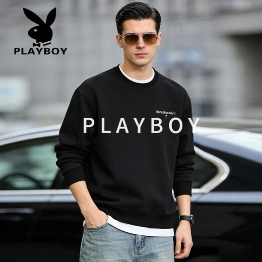 Playboy (PLAYBOY) American heavyweight round neck sweatshirt for men 2026 spring loose large size trendy velvet bottoming shirt top dark blue S recommended 95-120Jin Jin equals 0.5 kg