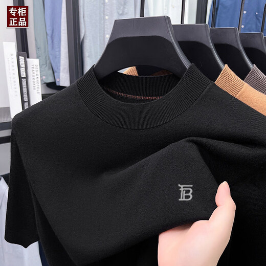 B PRORSUM Burberry spring and autumn new men's woolen sweater short-sleeved T-shirt sweater knitted half-sleeved round neck base black M 165 recommended weight 100-120Jin Jin equals 0.5 kg