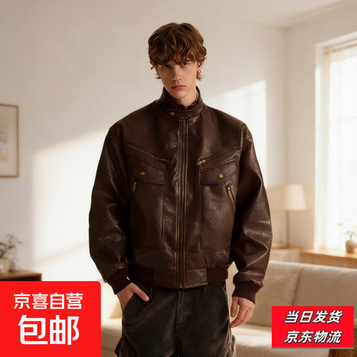 2026 American Retro Litchi Pattern PU Leather Jacket for Men and Women Spring and Autumn Boxy Profile Harrington Motorcycle Jacket Brown High Quality Large Litchi Leather L