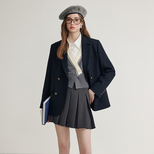 KBNE navy suit collar short coat for women petite long-sleeved top spring and autumn new temperament college style coat navy M