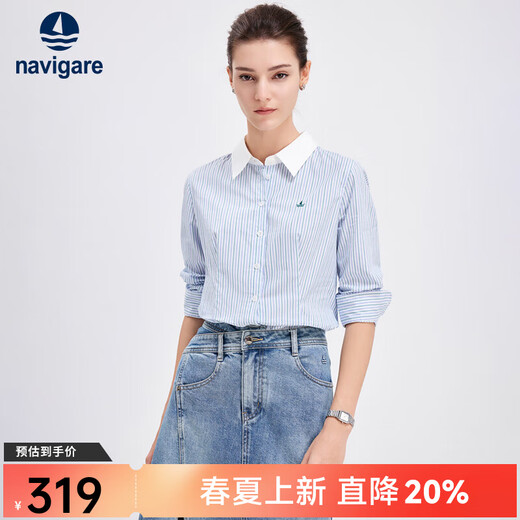 Navigare Italian small sailboat contrast collar shirt for women in spring and autumn versatile striped shirt commuting slimming shirt top white with blue pattern M