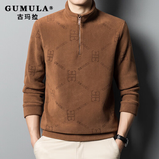GUMALA brand stand collar half-zip sweatshirt for men spring and autumn new polar fleece top plus velvet thickened thermal underwear bottoming shirt gray M