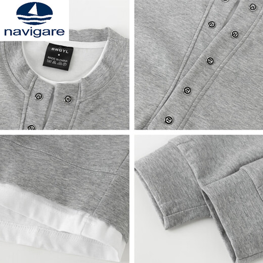 Navigare small sailboat fake two-piece long-sleeved sweatshirt for men, trendy brand-style American casual large size men's T-shirt bottoming top, black, high quality version, the real thing is solid color M