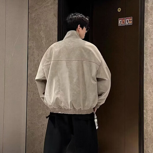 Shan Yun's new spring American retro PU leather jacket men's stand-up collar motorcycle jacket casual handsome leather jacket Japanese versatile light gray M