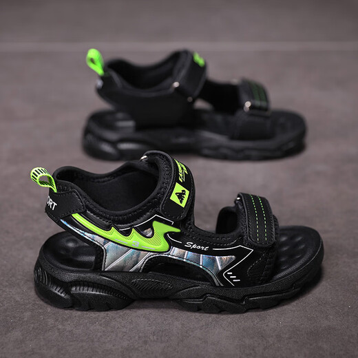 Boys' Shoes Sandals Summer New 2026 Children's Sandals Soft Sole Beach Shoes Boys Summer Massage Anti-Slip Sole Black Green Soft Sole Open Toe Sandals 40 Inner Length 25.0 cm