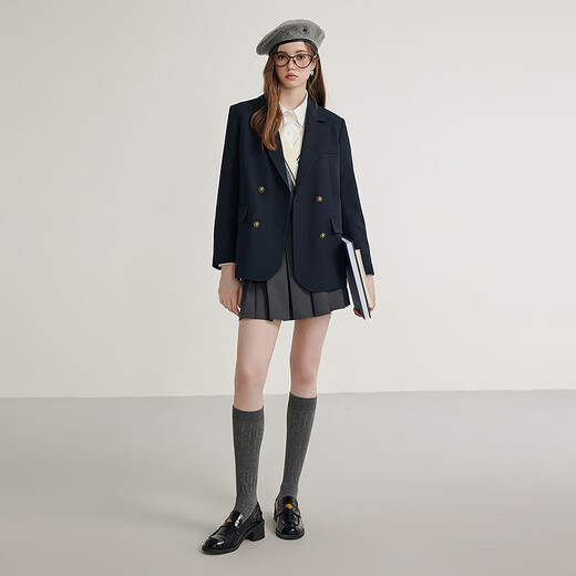 KBNE navy suit collar short coat for women petite long-sleeved top spring and autumn new temperament college style coat navy M
