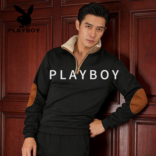 Playboy (PLAYBOY) 2026 European and American new style sweatshirt retro splicing embroidery half-cardigan men's long-sleeved sweatshirt outdoor casual sweatshirt black S 55-70
