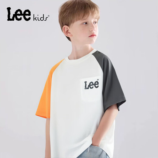 Lee children's t-shirt simple small pocket splicing short-sleeved t-shirt for boys and girls 2025 summer casual loose t-shirt top white 110