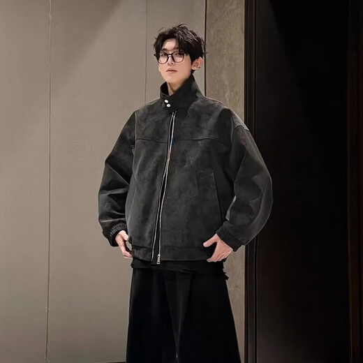 Shan Yun's new spring American retro PU leather jacket men's stand-up collar motorcycle jacket casual handsome leather jacket Japanese versatile light gray M