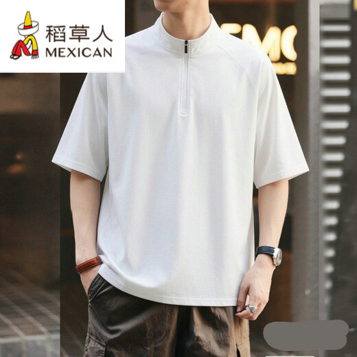 Scarecrow's new summer half-zip round stand-up collar short-sleeved T-shirt men's sweatshirt handsome breathable quick-drying ice-feel drape plus fat large size Pearl White AH151-half zipper small stand-up collar 5XL 200-230Jin Jin equals 0.5 kg