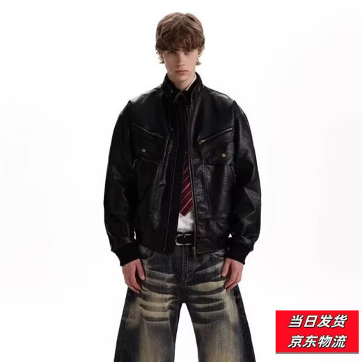 2026 American Retro Litchi Pattern PU Leather Jacket for Men and Women Spring and Autumn Boxy Profile Harrington Motorcycle Jacket Brown High Quality Large Litchi Leather L