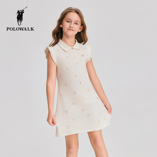POLOWALK children's clothing 2026 summer new arrival girls short-sleeved dress POLO collar knitted long skirt children's skirt beige 110 cm