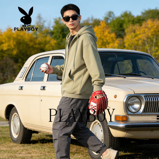 Playboy (PLAYBOY) American retro hooded zipper sweatshirt for men and women, 2026 spring and autumn loose casual couple jacket, light gray S recommended 85-105Jin Jin equals 0.5 kg