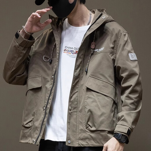 Jeep Spirit Jeep Jacke Herren Workwear High-End-Frühling und Herbst verdickte Jungen großgröße Baumwollkleidung Herren-Stil mit Kapuzenkleidung für Männer Fleece 1502-1 Militärgrün (verdickt) l