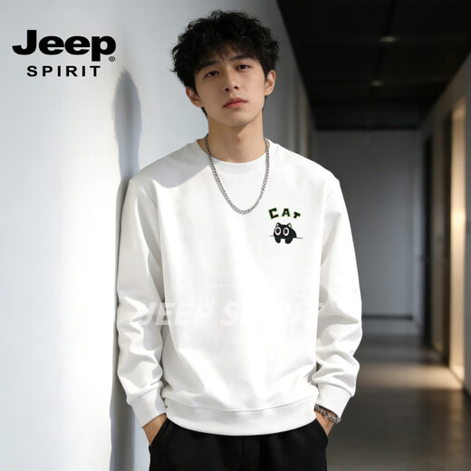 JEEP SPIRIT crew neck sweatshirt men's 2026 spring loose and versatile top men's casual long-sleeved bottoming shirt jacket men white S