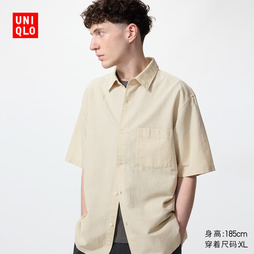 Uniqlo men's and women's cotton and linen shirts/short-sleeved shirts 26 spring and summer new style 482502 32 dark beige M