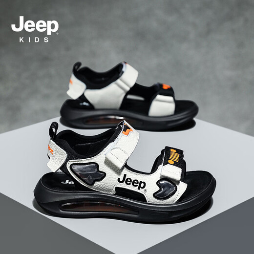 JEEP Sandals 2025 Summer New Sandals Comfortable and Lightweight Girls' Shoes Trendy Brand Versatile Velcro Boys Sandals 9005 White/Orange 26/Inner Length About 16.5cm