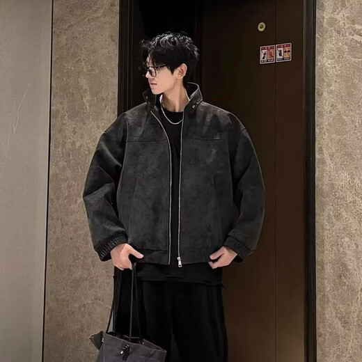 Shan Yun's new spring American retro PU leather jacket men's stand-up collar motorcycle jacket casual handsome leather jacket Japanese versatile light gray M