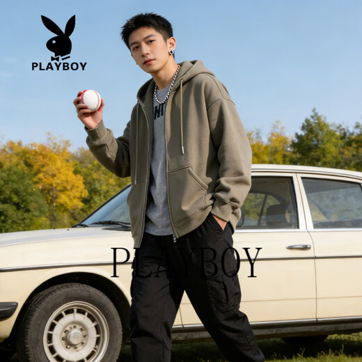 Playboy (PLAYBOY) American retro hooded zipper sweatshirt for men and women, 2026 spring and autumn loose casual couple jacket, light gray S recommended 85-105Jin Jin equals 0.5 kg