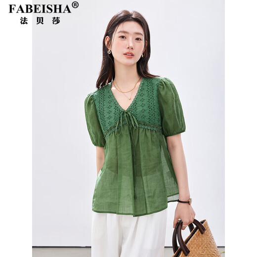 Fabersa brand pastoral style breathable ramie shirt for women 2026 summer new style hollow embroidered V-neck tie short-sleeved top dill green L (recommended 110-120Jin Jin equals 0.5kg)