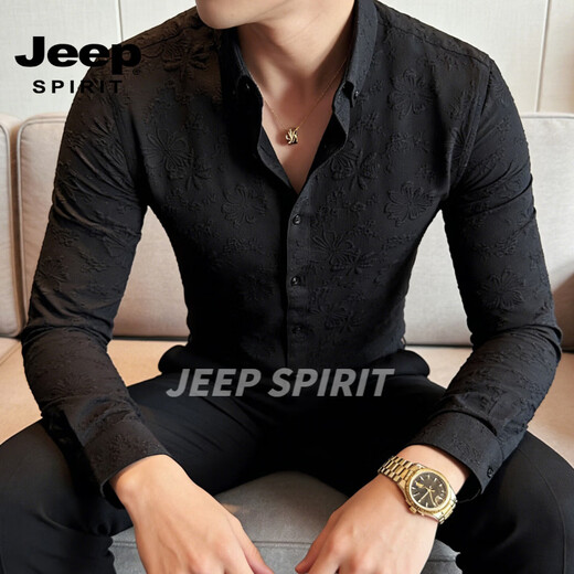JEEP SPIRIT British style long-sleeved shirt men's business casual shirt slim-fitting non-iron printed top 2026 spring white S