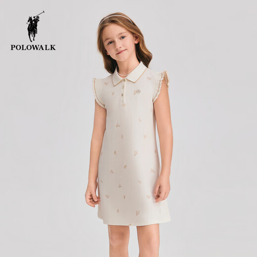 POLOWALK children's clothing 2026 summer new arrival girls short-sleeved dress POLO collar knitted long skirt children's skirt beige 110 cm