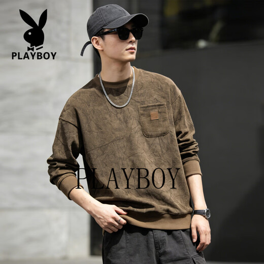 花花公子美式复古宽松卫衣男2026春秋季潮牌长袖套头打底衫男装上衣 黑色 4XL 175-195斤