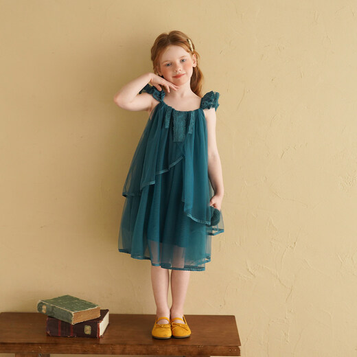 Yantaijia Girls Dress Summer New 2026 Girls Flying Sleeves Mesh Skirt Lace Lace Puffy Princess Skirt Blue 90