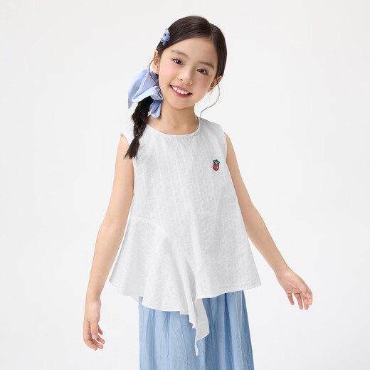 Xiaoyinman children's clothing girls' pure cotton sleeveless plaid shirt 26 mid-summer big children's strawberry embroidered irregular top off-white 120