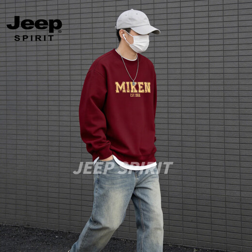 JEEP SPIRIT American heavyweight sweatshirt for men plus velvet loose trend versatile printed round neck pullover top jacket black S